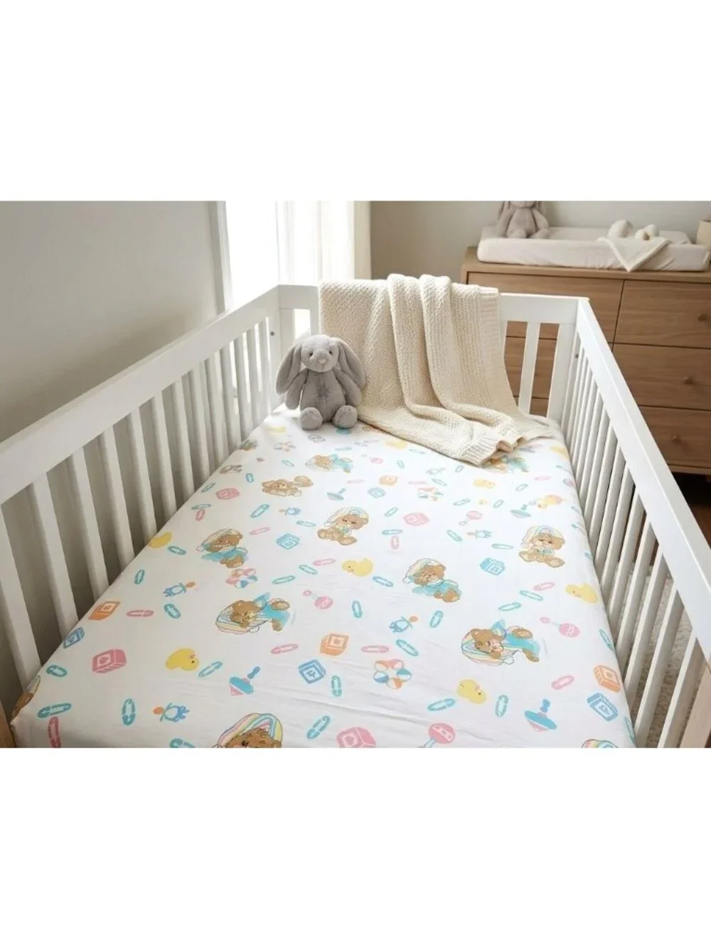 Vintage 1980s Baby Morgan Crib Fitted Sheet Sleepy Bear Duck Safety Pins